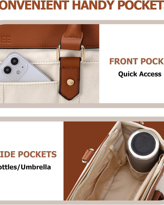 HOMIEE Tote Bag for Women, Canvas Laptop Bag Fits 15.6 Inch Work Tote, Shoulder Bag Casual Computer Bag for Conference, Formal, Office, College, Christmas New Year Gifts, Beige