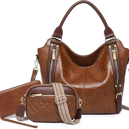 BAVERGE Purses for Women 3PCS, Large PU Leather Handbag Set Hobo Tote with Ladies Crossbody Shoulder Bag Wallet Guitar Strap