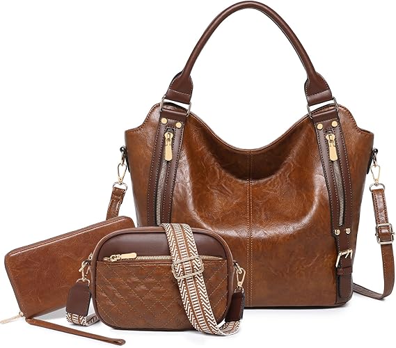 BAVERGE Purses for Women 3PCS, Large PU Leather Handbag Set Hobo Tote with Ladies Crossbody Shoulder Bag Wallet Guitar Strap
