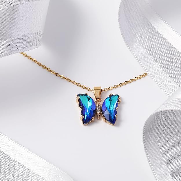 Butterfly Crystal Necklace for Women: 14K Gold Stainless Steel Butterfies Birthston Pendant Choker Necklaces Aesthetic Valentines Day Gifts for Her