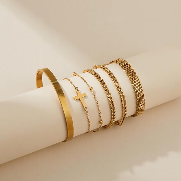 Gold Bracelets for Women Dainty Non Tarnish Link Chain Bracelets Set for Women Trendy Adjustable Chunky Thin Bracelets Stack Layered With Cuff Beaded Cuban Rope CZ Heart Cross Jewelry Gifts