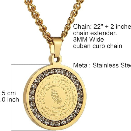 HZMAN Bible Verse Prayer Necklace Christian Jewelry Gold Stainless Steel Praying Hands Coin Medal Pendant