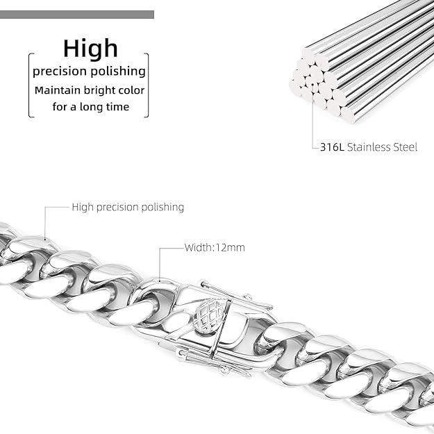 CaptainSteeL Miami Cuban Link Chain Necklace for Men ,316L Stainless Steel/Gold Plated 12MM Width 22" Length, Thick Chain for men Hip Hop Jewelry with Gift Box