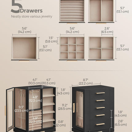 SONGMICS Jewelry Box 360° Rotating, Jewelry Storage Case with 5 Drawers, Jewelry Organizer, Glass Window, Spacious, Vertical Jewelry Storage, Open Design, Great Gift