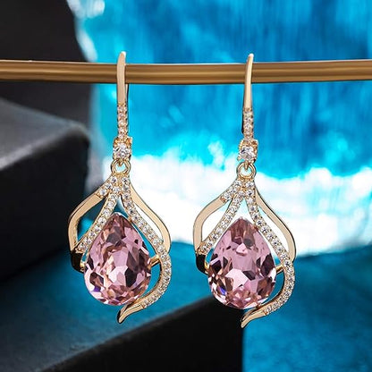 Austrian Crystal Hollow Teardrop Halo Drop Twisted Dangle Earrings for Women 14K Rose Gold Plated Hypoallergenic Jewelry