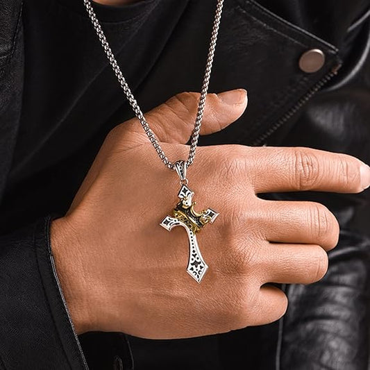 Cross Necklace For Men Antique Silver Titanium Stainless Steel & Brass Prayer Jesus Christ God With Cross Chain Gold Crown Ring Pendant Vintage