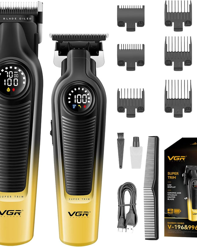 VGR Hair Clippers for Men & Hair Trimmer Set, Cordless Barber Combo with LED Display, Ceramic & Titanium Blades, 7000RPM, Type-C Rechargeable, Home & Professional Hair Cutting Kit, V-196 & 996(Gold)