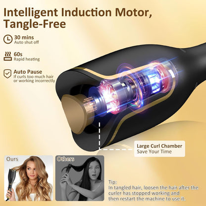 Automatic Curling Iron, Hair Curler 1" Large Slot, 4 Temperature Settings, 12s-19s Timers, Dual Voltage, Anti-Scald, Anti-Tangle, Auto Shut-Off, LCD Display, Fast Heating Easy for Use, Black