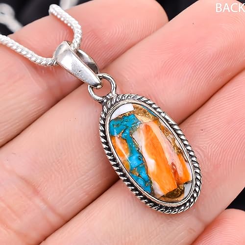 925 Sterling Silver Bohemian Pendant Necklace for Women with Oval Orange Blue Turquoise Gemstone