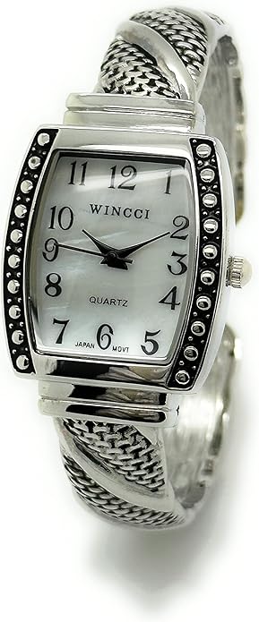 Ladies Rectangle Case with Small Studs Metal Bangle Cuff Fashion Analog Quartz Watch Mother of Pearl Dial Easy to Read Black Numbers Black Hour Minute Second Hands