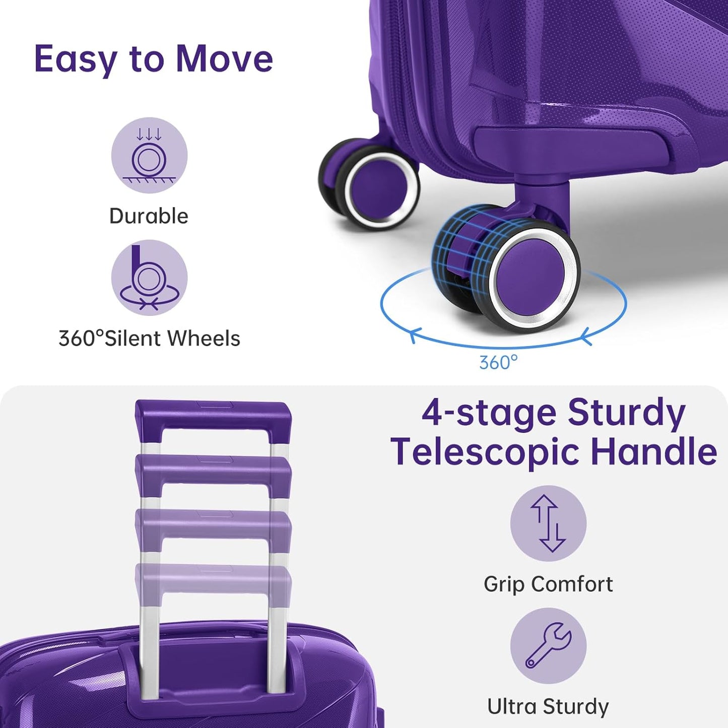 5 Piece Luggage Set Carry on Suitcase with Spinner Wheels, Expandable Hardshell Luggage PP Lightweight Suitcase Set for Women (Grape Purple)