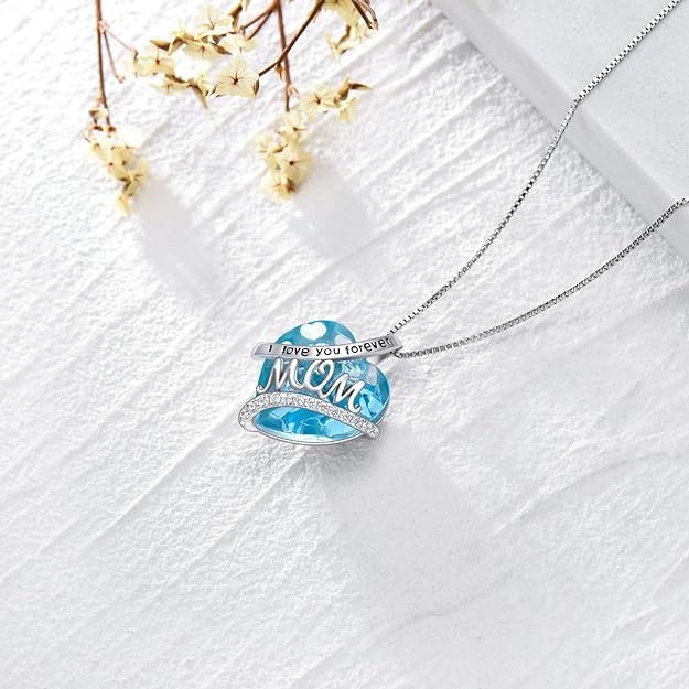 Mothers Necklace Gifts for Mom from Daughter Son, 925 Sterling Silver I Love You Mom Necklace Heart Birthstone Pendant Jewelry Birthday Mothers Day Valentines Day Gifts for Women Mom