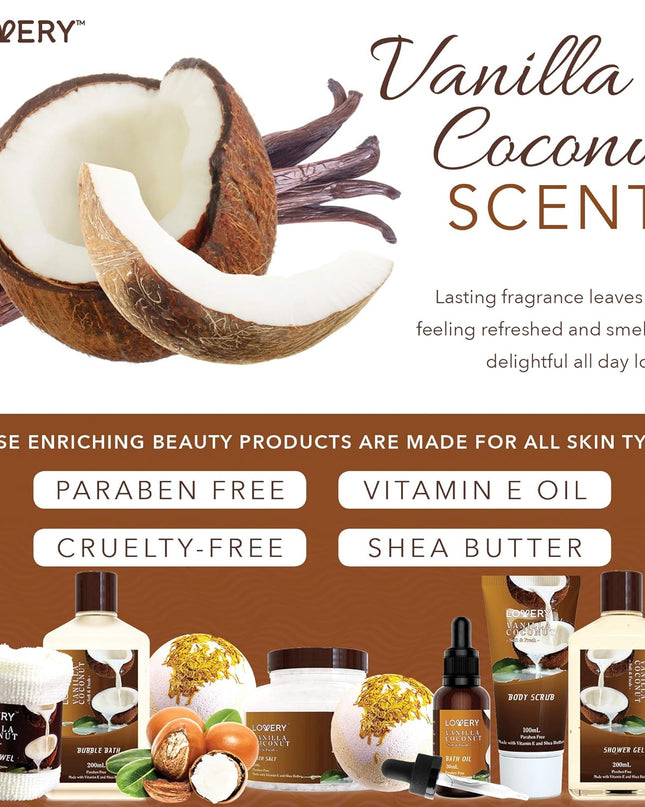 Bath and Body Gift Basket For Women and Men – 9 Piece Set of Vanilla Coconut Home Spa Set, Includes Fragrant Lotions, Extra Large Bath Bombs, Coconut Oil, Luxurious Bath Towel & More