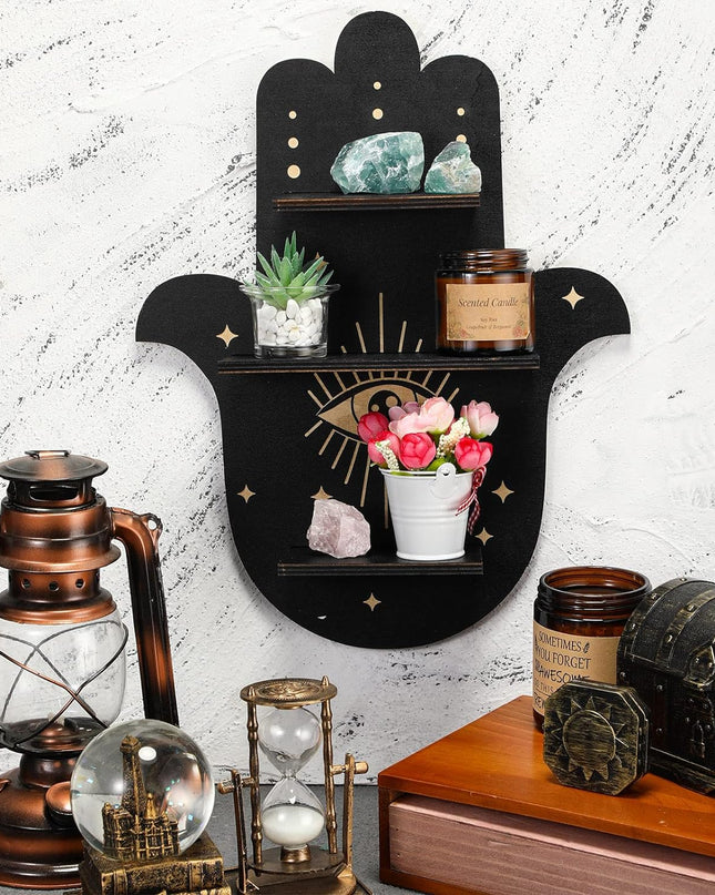 Crystal Shelf Display Rustic Wooden Cat Moon Shelves Moth Hamsa Hand Wolf Crystal Holder Shelves Wooden Floating Shelf for Rock Gemstones Meditation Spiritual Gift for Home Bedroom (Hamsa Hand)