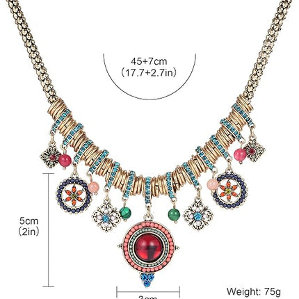 SUNLAND Bohemian Multicolor Round Pendants Enamel Rhinestone Ethnic Necklace for Women