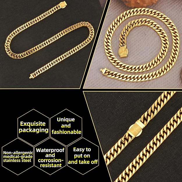 CaptainSteeL Cuban Link Chain for Men- 316L Stainless Steel 8MM Width Fashion Pattern Snap Button Hip Hop Jewelry, Chain for men 18K Gold Plated with Gift Box