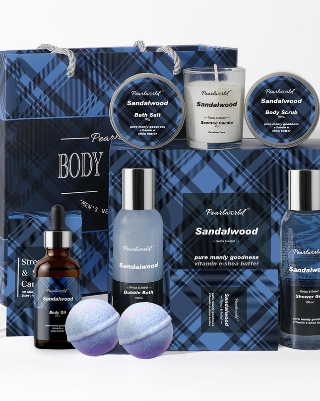 PEARLWORLD Bath Set with Ocean Scented Spa Gifts for Men, Christmas Birthday Self Skin Care Set for Men, Spa Gift Baskets for Him, 12Pcs Men's Spa Kit Gifts for Father's Day Bath Spa