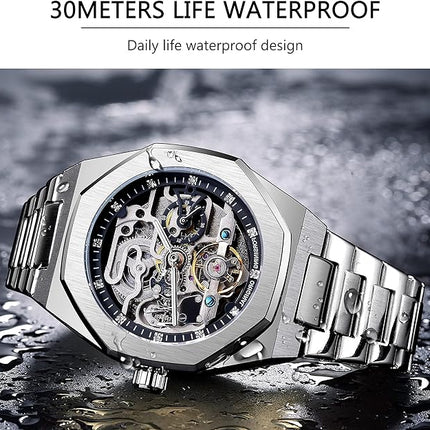 FORSINING Automatic Watch Mechanical Wrist Watch for Men Octagonal Waterproof Skeleton Watches Luxury Diamond Tourbillon Silver Stainless Steel Band