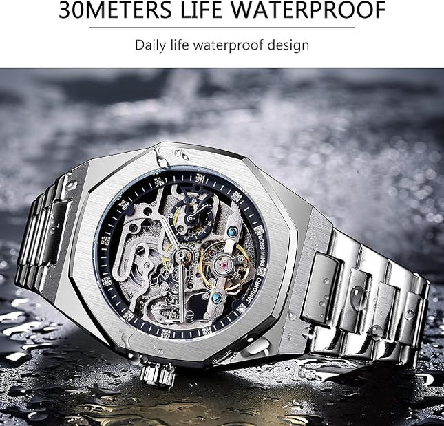 FORSINING Automatic Watch Mechanical Wrist Watch for Men Octagonal Waterproof Skeleton Watches Luxury Diamond Tourbillon Silver Stainless Steel Band