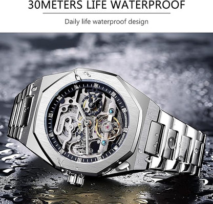 FORSINING Automatic Watch Mechanical Wrist Watch for Men Octagonal Waterproof Skeleton Watches Luxury Diamond Tourbillon Silver Stainless Steel Band