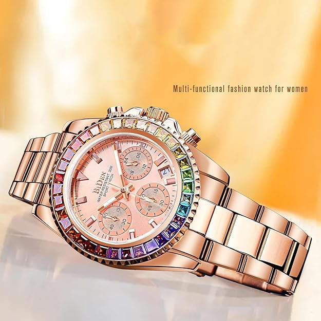 Women Colorful Diamond Watches Chronograph Rotatable Bezel Mineral Glass Luminous Watch Stainless Steel Waterproof Date Analog Quartz Watch Fashion Business Dress Wristwatch