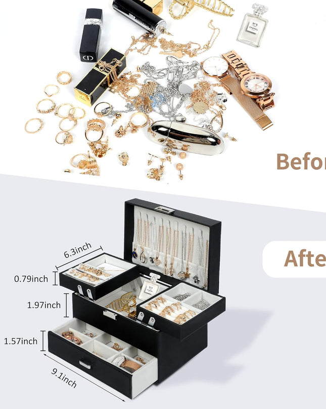 Dajasan Jewelry Boxes for Women Girls, Jewelry Organizer Box, 3 Layers Jewelry Storage Organizer for Earring, Ring, Necklace, Bracelets (Black)