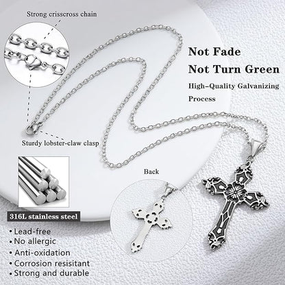 HEXALOVA Cross Necklace for Men Silver Cross Chain for Men Gothic Cross Pendant Mens Cross Necklaces Stainless Steel Cross Necklace for Women Boys Goth Necklace Christian Jewelry