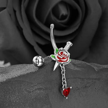 Jewseen 14g Halloween Belly Button Rings Surgical Stainless Steel Belly Rings Heart Floral Dangle Belly Button Piercing Navel Rings for Women Men