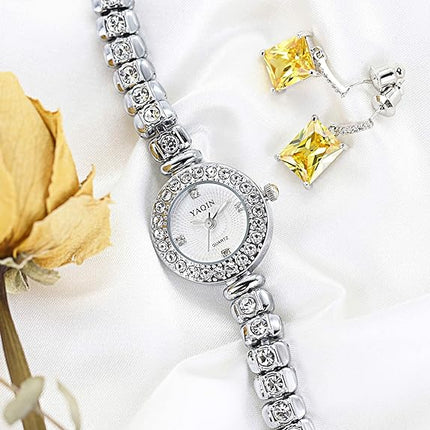 Clastyle Elegant Watch and Bracelet Set for Women Rhinestone ling Iced Out Wrist Watch Mother of Pearl Ladies Bracelet Watches