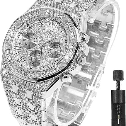 Apzzic Diamond Iced Out Watch CZ Gold Plated 40mm Width Roman Numerals Dial Quartz Wristband Watch for Men Women