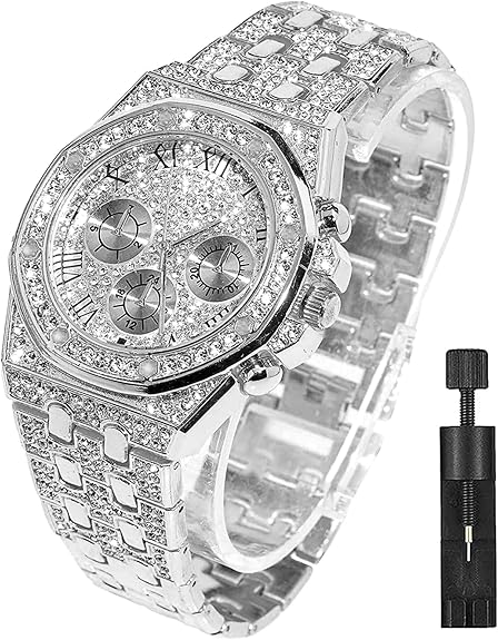 Apzzic Diamond Iced Out Watch CZ Gold Plated 40mm Width Roman Numerals Dial Quartz Wristband Watch for Men Women