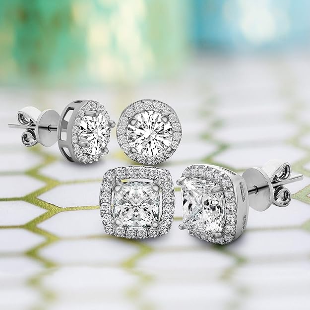 Lesa Michele 925 Sterling Silver Cushion & Round Shaped Cubic Zirconia Halo Stud Earrings for Women 2 Pair Earring Set