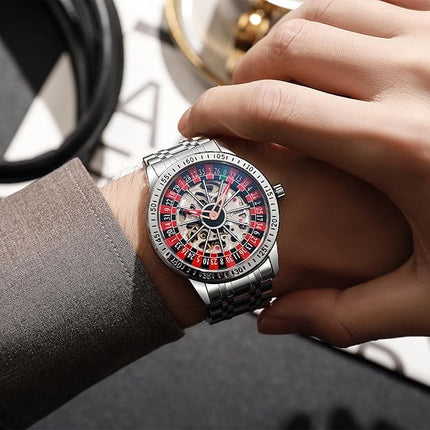 Men's Watch Automatic Hollow Mechanical Roulette Wheel Design 30M Waterproof Casual Fashion Wristwatches for Men