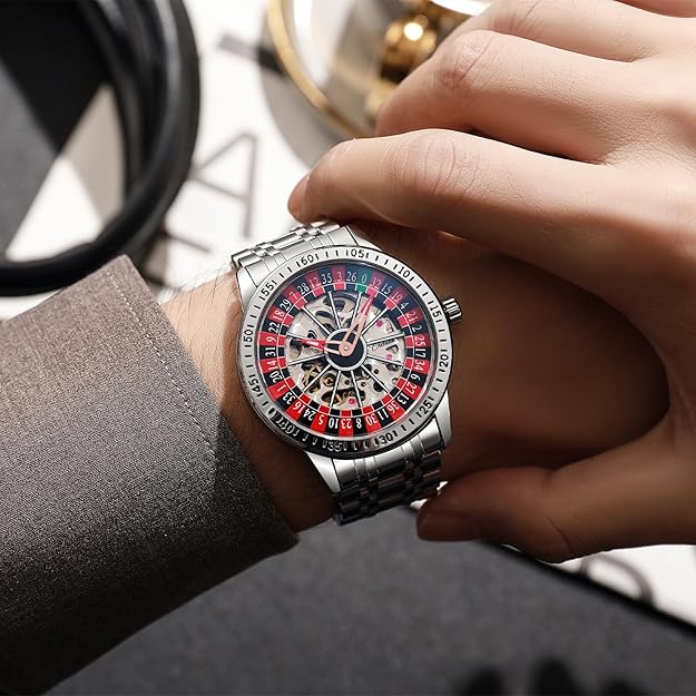 Men's Watch Automatic Hollow Mechanical Roulette Wheel Design 30M Waterproof Casual Fashion Wristwatches for Men