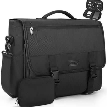 Messenger Bag for Men 15.6 Inch Water Resistant Laptop Briefcase Large Satchel Shoulder Bag Work Office College Computer Laptop Bag Lightweight Crossbody Handbag Cable Organize Bag Set 2pcs, Black