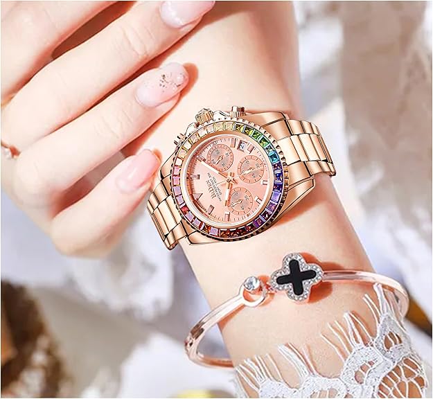 Women Colorful Diamond Watches Chronograph Rotatable Bezel Mineral Glass Luminous Watch Stainless Steel Waterproof Date Analog Quartz Watch Fashion Business Dress Wristwatch