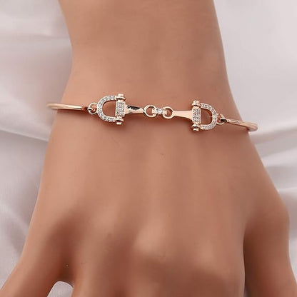 FEELMEM Horse Snaffle Bit Plated Cubic Zirconia Crystal Easy Hook Clasp Charm Bracelet Equestrian Jewelry Good Luck Gift