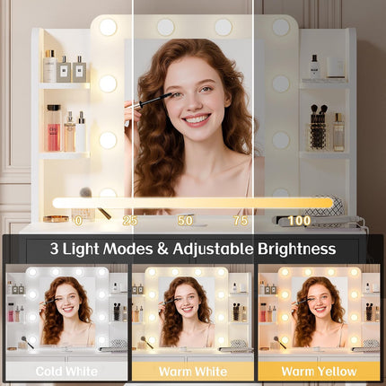 Haewon Makeup Vanity Desk with Lighted Mirror and Chair Set, White
