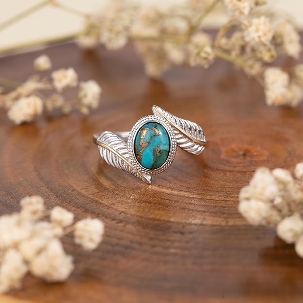 Turquoise Feather Ring 925 Sterling Silver Statement Ring Leaf Stacking Feather Ring Vintage Turquoise Ring for Women Teal Turquoise Jewelry Gifts Size 9
