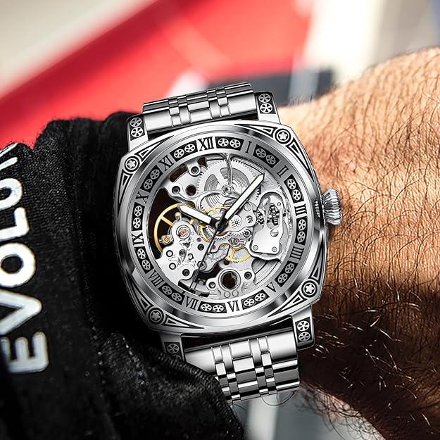 Carved Automatic Watches for Men, Retro Tattoo Skeleton Self-Winding Mechanical Watch Men's Automatic - 3 ATM Waterproof, Luminous Hands, Skeleton Dial, Ideal for Everyday Wear and Formal Occasions