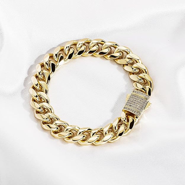 TOPGRILLZ Gold Bracelet Cuban Link Iced out 14K Gold Plated Hip Hop Miami Solid Cuban Link Bracelet for Men