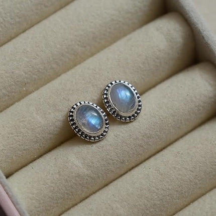 925 Sterling Silver Rainbow Moonstone Oxidised Stud Earrings, June Birthstone Crystal Earrings, Handmade Gemstone Jewelry for Girls & Women's, Trendy Silver Jewelry