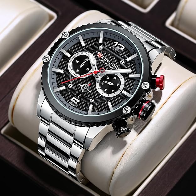 Mens Watches Luxury Silver Stainless Steel Chronograph Watch Fashion Business Big Face Waterproof Luminous Calendar Analog Quartz Wristwatch