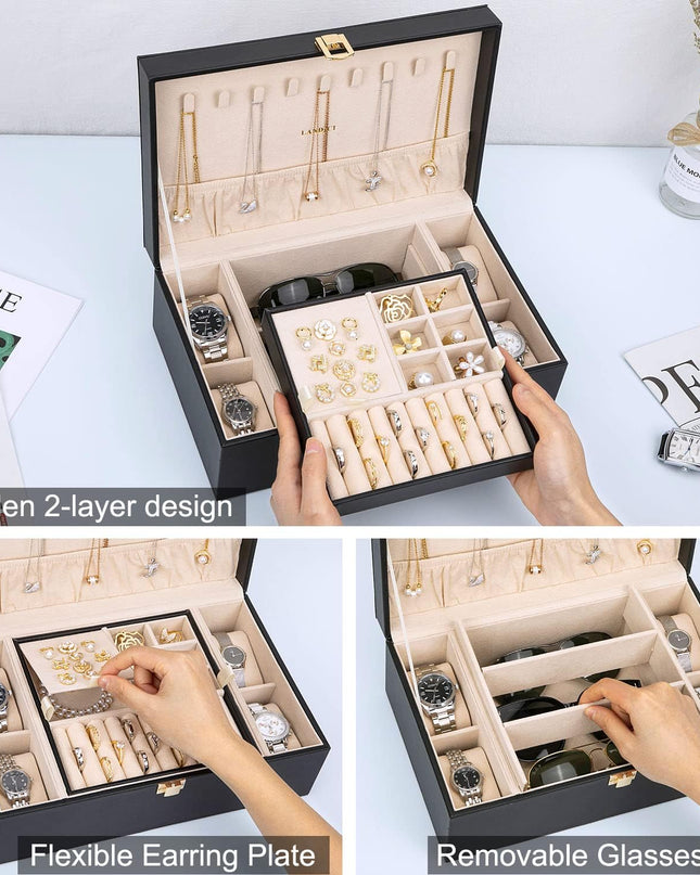 LANDICI Jewelry Box Organizer for Women, Large 2 Layer Men Watch Case with Removable Tray