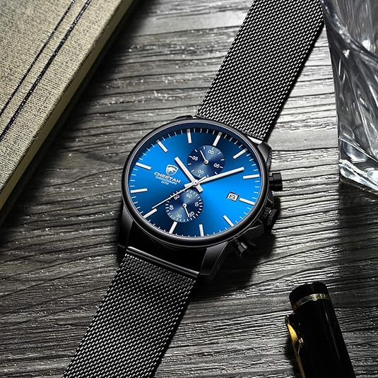 GOLDEN HOUR Mens Watch Fashion Sleek Minimalist Quartz Analog Mesh Stainless Steel Waterproof Chronograph Watches for Men with Auto Date