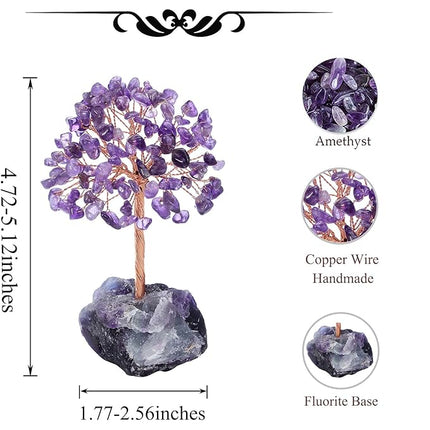 CrystalTears Amethyst Crystal Tree Natural Healing Crystals Gemstone Money Trees with Fluorite Crystals Stone Base Feng Shui