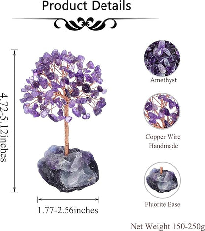 CrystalTears Amethyst Crystal Tree Natural Healing Crystals Gemstone Money Trees with Fluorite Crystals Stone Base Feng Shui