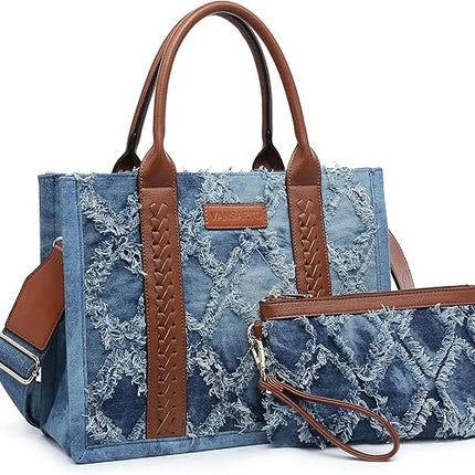Denim Tote Bag for Women Aztec Top Handle Satchel Purse Boho Shoulder Handbags with Wristlet