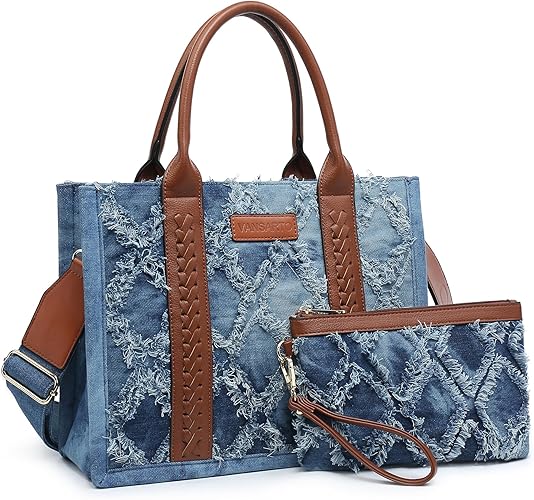 Denim Tote Bag for Women Aztec Top Handle Satchel Purse Boho Shoulder Handbags with Wristlet