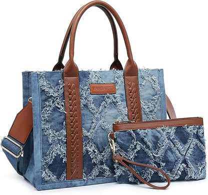 Denim Tote Bag for Women Aztec Top Handle Satchel Purse Boho Shoulder Handbags with Wristlet